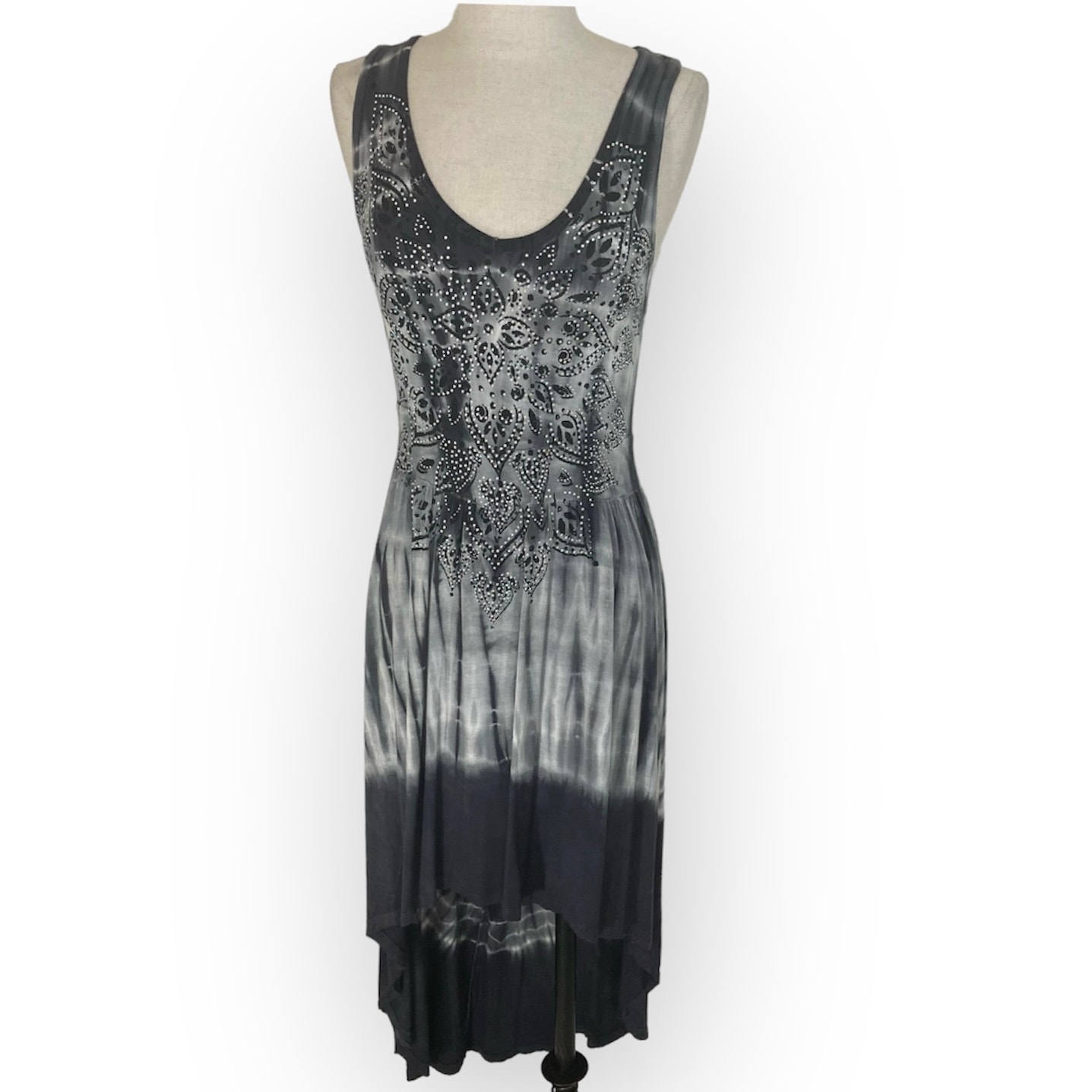 Vocal Rhinestone Hi Low Dress, Ladies Small Gray Tie Dye Graphic Tank Dress